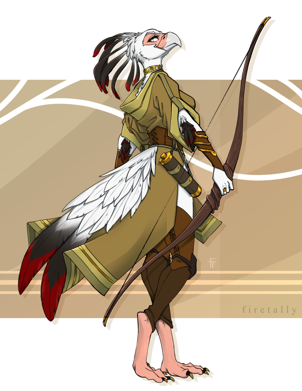 anthro avian beak bird breasts clothed clothing feathers feet female fingers firetally hi_res holding_bow holding_object holding_weapon non-mammal_breasts smile solo toes weapon white_body white_feathers
