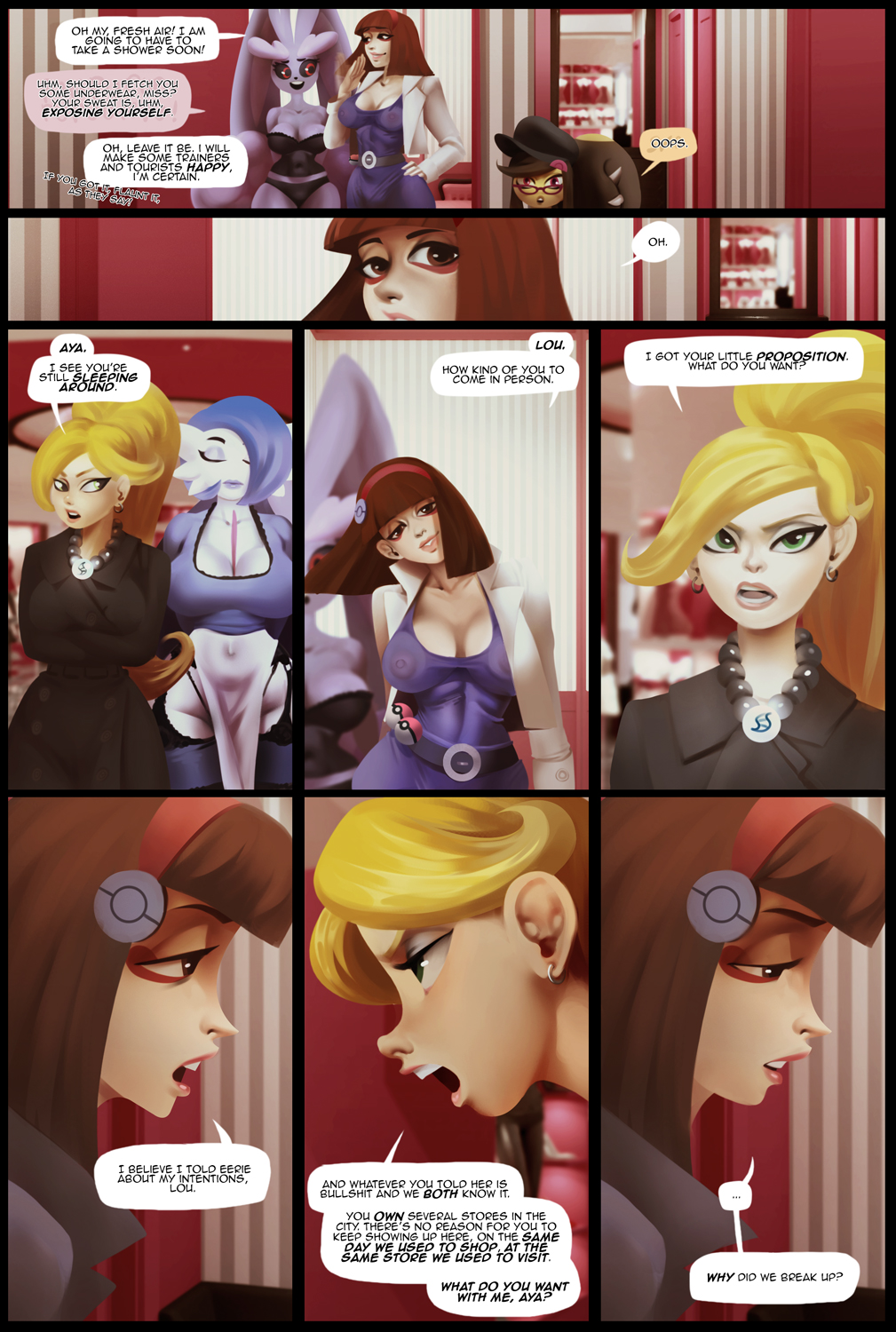anthro blonde_hair breasts cleavage clothed clothing comic dialogue english_text eyewear female gardevoir glasses hair hi_res human larger_female lopunny mammal mawile nintendo nipples pok&eacute;mon pok&eacute;mon_(species) size_difference text thekite translucent translucent_clothing video_games