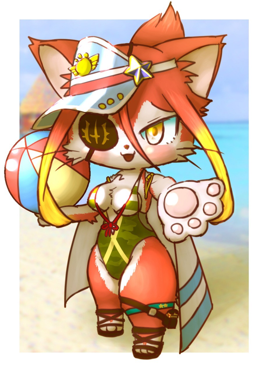 anthro ball beach beach_ball blush border breasts bunnag cat_busters cleavage clothed clothing domestic_cat eye_patch eyewear felid feline felis female footwear hi_res hinozuki inflatable mammal one-piece_swimsuit open_mouth outside pawpads paws sandals sea seaside solo swimwear thick_thighs visor water white_border