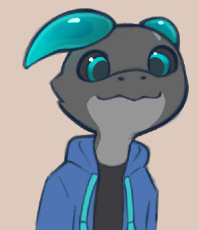 anthro black_sclera blue_eyes bust_portrait clothing grey_body hoodie horn kobold looking_at_viewer male milachu92 portrait reptile scalie side_b smile solo topwear