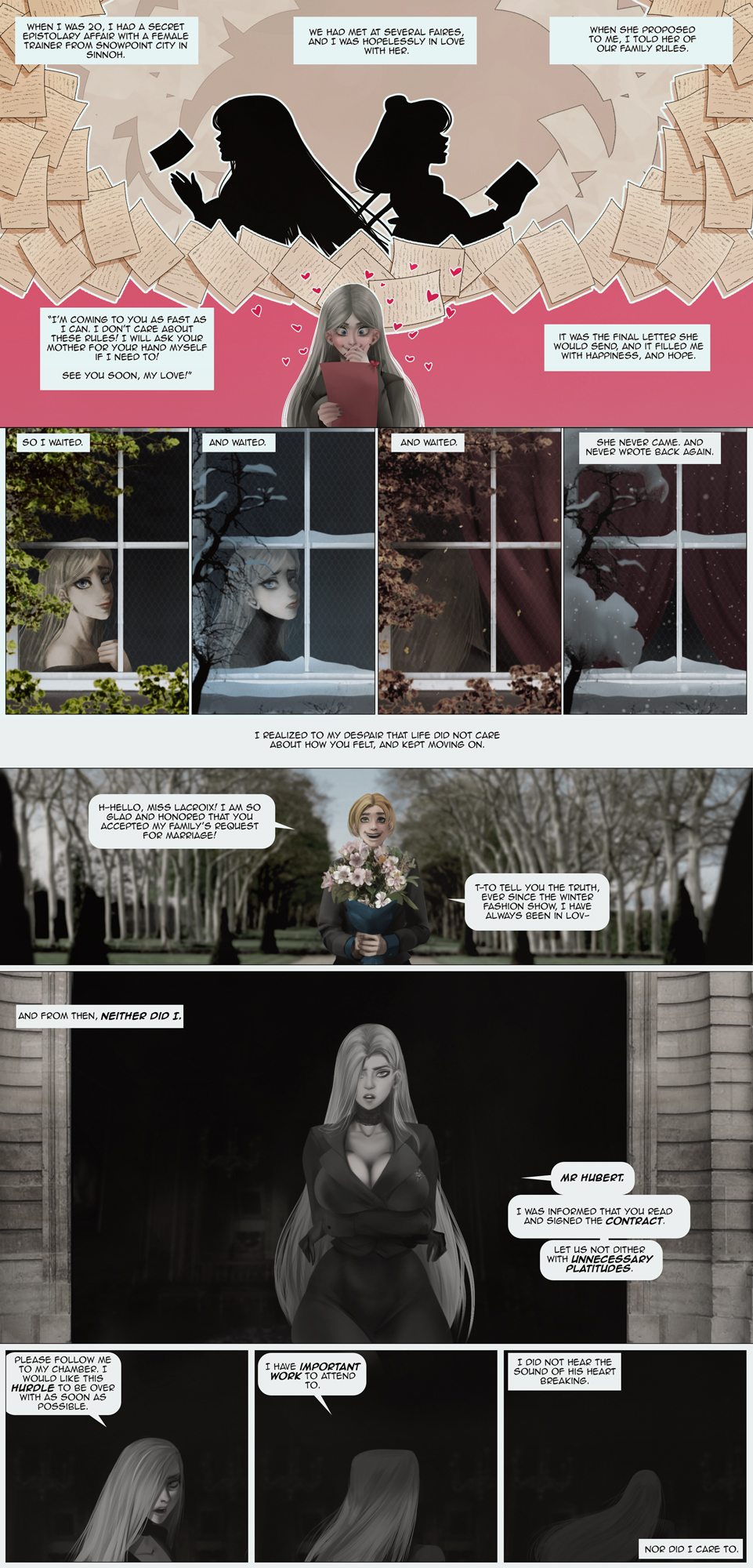 big_breasts blonde_hair bouquet breasts cleavage clothed clothing comic english_text female flower flower_bouquet hair hi_res human mammal not_furry plant snow snowing text thekite tree window