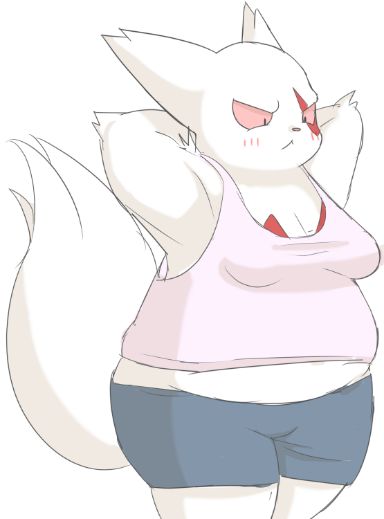 :&lt; anthro bell blush blush_lines bottomwear breasts bunnag clothing female fur hands_behind_head midriff nintendo overweight overweight_anthro overweight_female pink_sclera pok&eacute;mon pok&eacute;mon_(species) shirt shorts simple_background solo standing tank_top topwear video_games white_background white_body white_fur zangoose