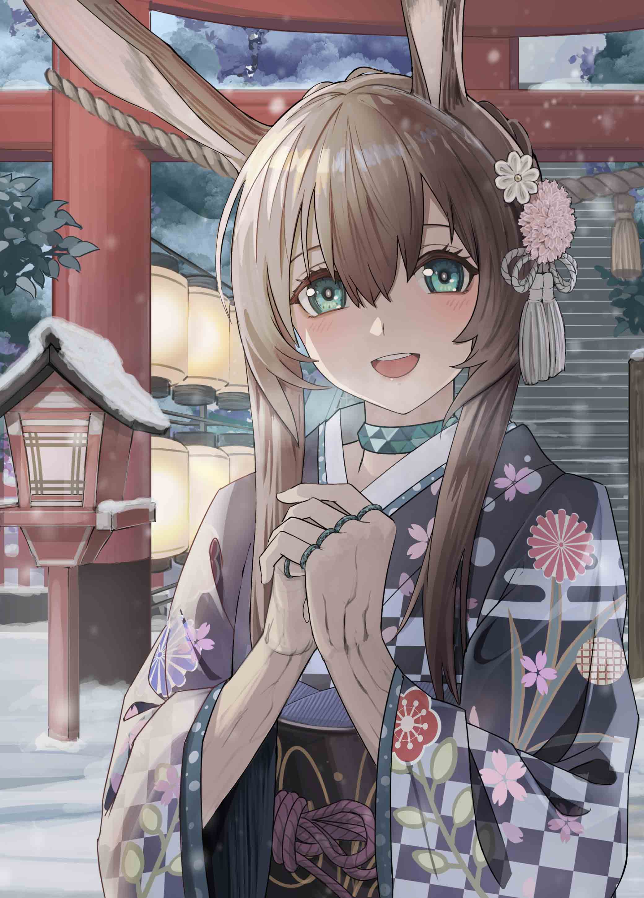 1girl :d absurdres alternate_costume amiya_(arknights) animal_ears arknights bangs black_kimono blush brown_hair checkered day eyebrows_behind_hair flower green_eyes hair_flower hair_ornament highres japanese_clothes jewelry kimono lantern long_hair long_sleeves looking_at_viewer meganeno_dokitsui multiple_rings obi open_mouth oripathy_lesion_(arknights) outdoors own_hands_together pink_flower print_kimono rabbit_ears ring sash sidelocks smile snow snowing solo teeth torii upper_body upper_teeth wide_sleeves