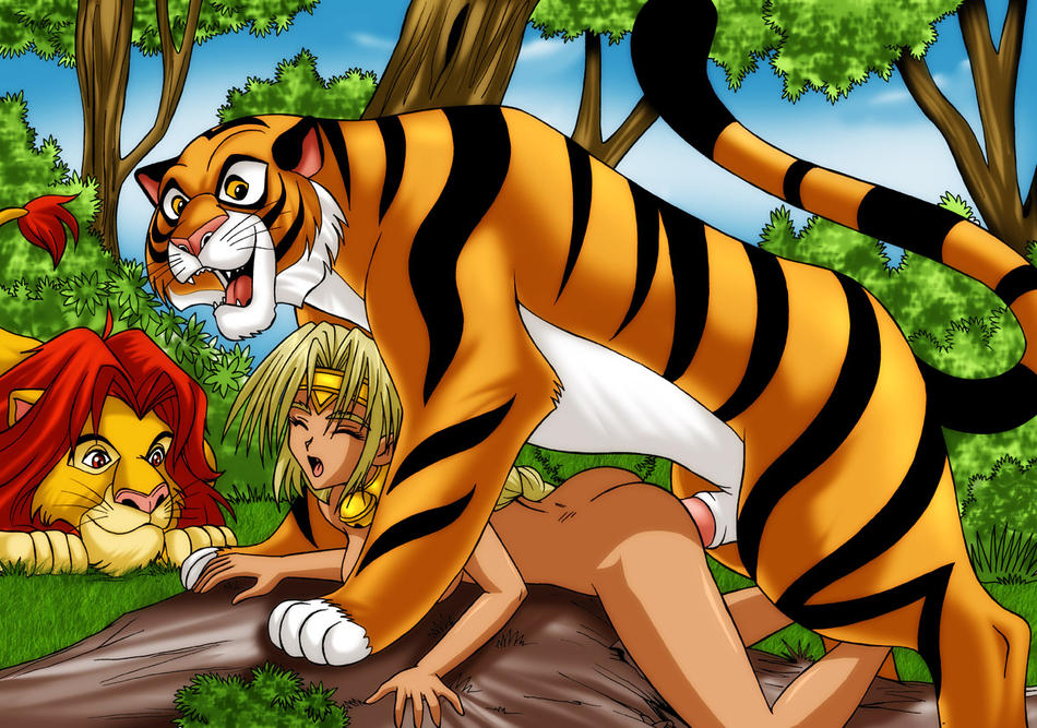1girl aisha_clanclan aladdin ass bell bestiality crossover disney from_behind hands lion on_stomach outlaw_star rajah sex simba the_lion_king tiara tiger vaginal