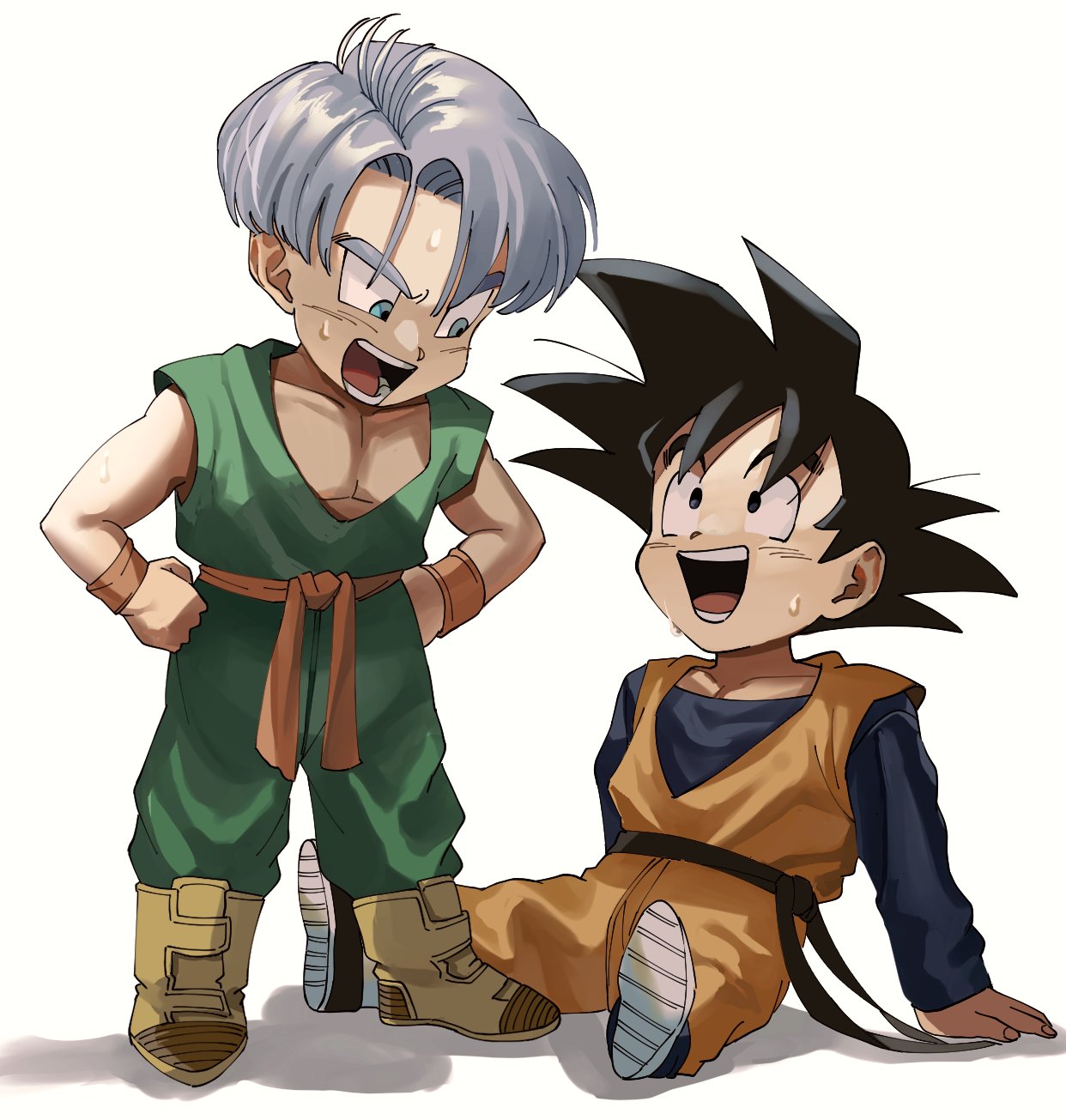 2boys black_eyes black_hair blue_eyes commentary dragon_ball hand_on_hip highres looking_at_another male_focus multiple_boys open_mouth short_hair simple_background sitting smile son_goten spiked_hair tommmmieee trunks_(dragon_ball) white_background