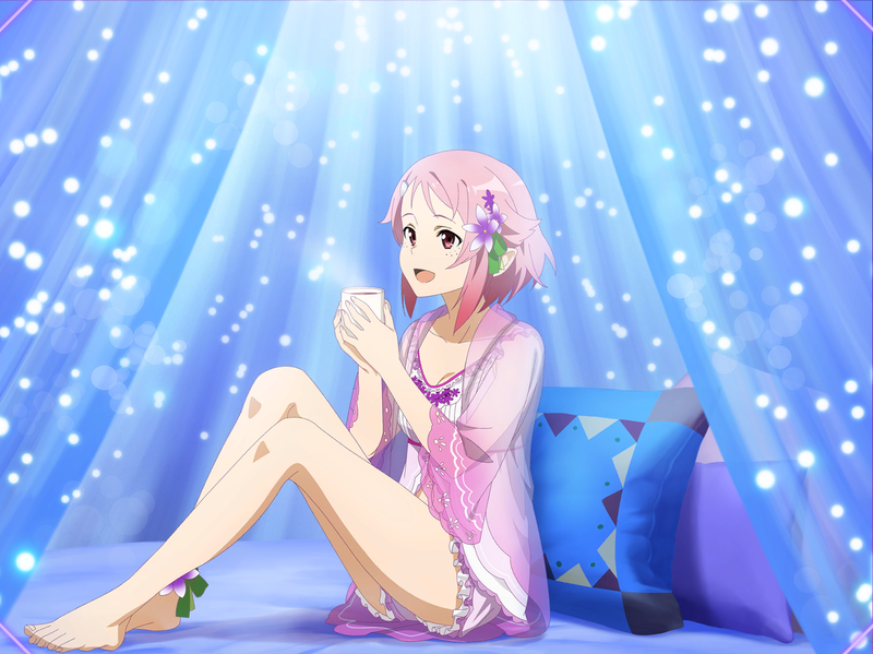 1girl :d ankle_ribbon bare_legs barefoot bed breasts canopy_bed cleavage coffee collarbone cup flower freckles frilled_shorts frills full_body game_cg green_ribbon hair_flower hair_ornament hair_ribbon holding holding_cup lingerie lisbeth medium_breasts negligee pajamas pink_hair pink_shorts red_eyes ribbon see-through_sleeves shiny shiny_hair short_hair short_shorts shorts sidelocks sitting smile solo sword_art_online sword_art_online:_alicization_rising_steel underwear