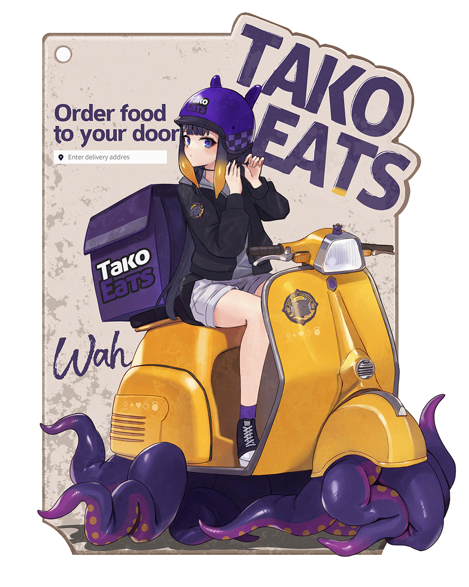 1girl bag bangs black_footwear black_jacket blonde_hair blue_eyes blush commentary english_text full_body ground_vehicle hands_up helmet highres hololive hololive_english jacket long_sleeves looking_at_viewer motor_vehicle multicolored_hair ninomae_ina'nis purple_hair purple_headwear ranyu riding scooter shoes short_shorts shorts sitting solo streaked_hair symbol-only_commentary tako_(ninomae_ina'nis) tentacles uber_eats virtual_youtuber