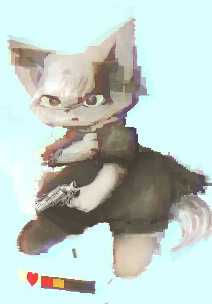 &lt;3 4_fingers anthro bangs black_clothing blue_background bottomwear brown_nose canid canine clothed clothing female fingers floating fur gameplay_mechanics gun hair hand_on_chest handgun health_bar herba_(hasukii) holding_object holding_weapon hooki kemono long_tail looking_forward mammal open_mouth prick_ears pupils ranged_weapon red_eyes red_tongue revolver shell_(projectile) shorts simple_background smoke solo tan_body tan_ears tan_fur tan_hair tan_inner_ear tan_tail toeless_feet tongue weapon white_pupils wounded yellow_eyes