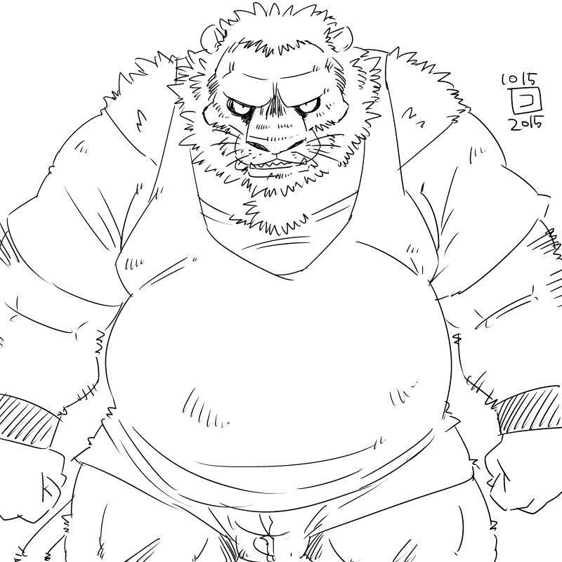 2015 anthro belly biped bulge felid kemono male mammal overweight overweight_male simple_background solo totemoii_029 white_background wrestling_singlet