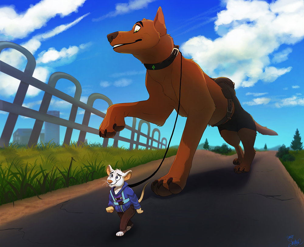 albert_(msuzira) anthro black_collar blue_clothing blue_shirt blue_topwear bottomwear brown_body brown_bottomwear brown_clothing brown_fur brown_pants canid canine canis clothed clothing cloud collar domestic_dog duo feral friends fully_clothed fur grass larger_feral leash looking_at_another mammal micro mouse murid murine pants pavement plant rodent shembreopheline shirt size_difference sky topwear tree walking white_body white_fur xander_(msuzira)