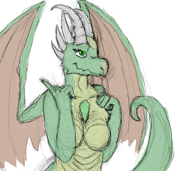 2011 anthro bittertooth breasts chest_spike colored_sketch dragon female green_body green_eyes green_scales horn scales simple_background sketch solo spikes spikes_(anatomy) wings