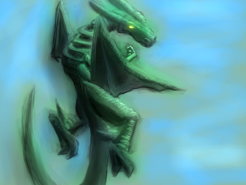 2011 4:3 ambiguous_gender anthro bittertooth dragon flying glowing glowing_eyes green_body green_scales long_tail looking_at_viewer scales sky solo wings yellow_eyes
