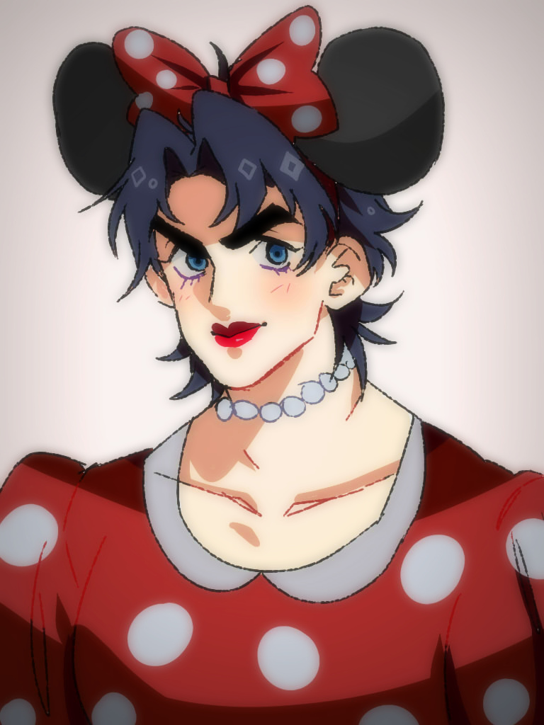 1boy animal_ears blue_eyes blue_hair cosplay crossdressing dress hairbow jojo_no_kimyou_na_bouken jonathan_joestar jonya lipstick makeup male_focus minnie_mouse minnie_mouse_(cosplay) minnie_mouse_ears mouse_ears phantom_blood polka_dot polka_dot_dress solo vignetting