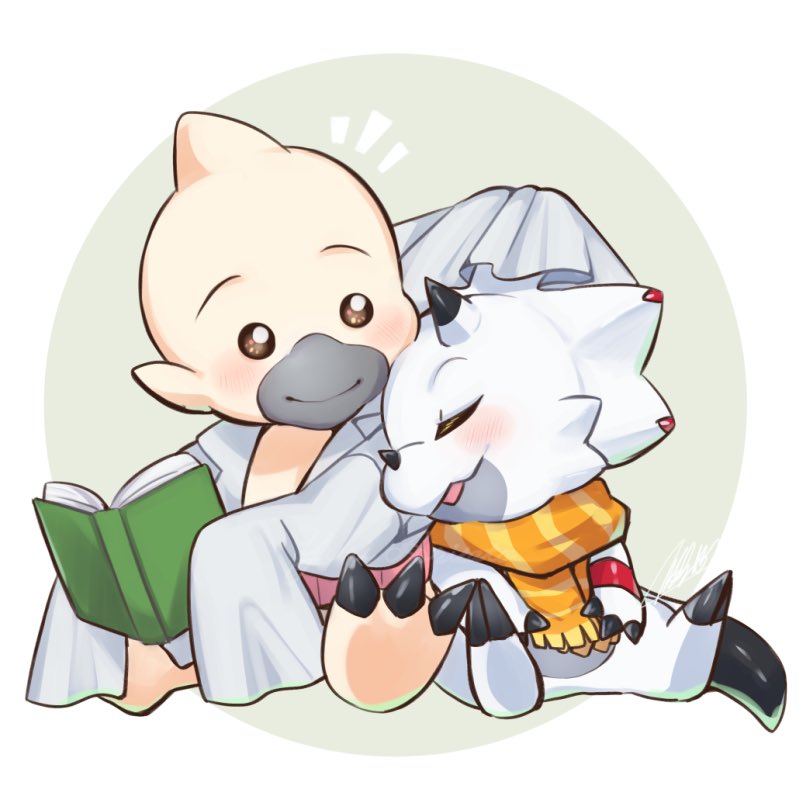 anthro bandai_namco beak black_claws blush bokomon book claws clothing coat digimon digimon_(species) digimon_ghost_game duo gammamon horn lab_coat male reading scarf sitting sleeping topwear white_body yuri_arisato