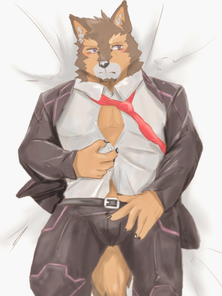 3:4 anthro bed bedding bedding_background blush brown_body brown_fur bulge canid canine canis clothed clothing domestic_dog dress_shirt fur furniture kannepaz lifewonders live-a-hero lying male mammal muscular muscular_anthro muscular_male necktie on_back on_bed open_clothing open_shirt open_topwear pecs pubraseer purple_eyes shirt solo suit topwear undressing video_games