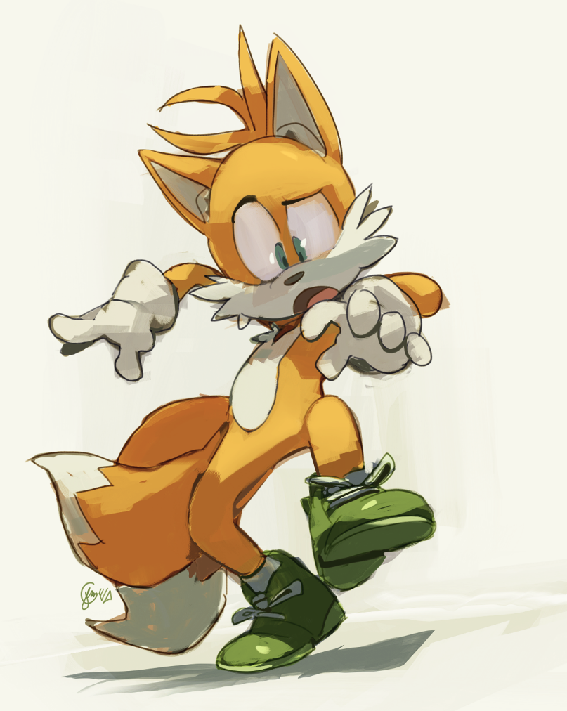 2019 2_tails anthro bottomwear canid canine clothing edtropolis footwear fox fur gloves green_bottomwear green_clothing green_shorts handwear looking_down male mammal miles_prower multi_tail on_one_leg open_mouth sega shoes shorts solo sonic_the_hedgehog_(series) standing yellow_body yellow_fur