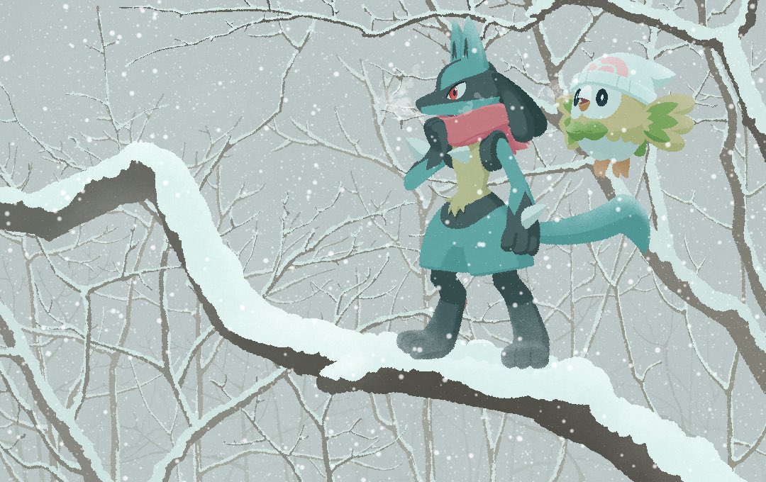 bare_tree beanie commentary_request flying from_side hat hatted_pokemon komepan lucario outdoors pink_scarf pokemon pokemon_(creature) rowlet scarf snow snowing standing tree white_headwear