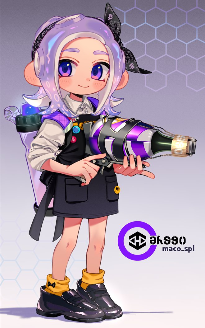 1girl black_footwear blush closed_mouth eyebrows_visible_through_hair gun holding holding_gun holding_weapon looking_at_viewer maco_spl octoling purple_eyes purple_hair short_hair smile socks solo splatoon_(series) tentacle_hair twitter_username weapon yellow_legwear