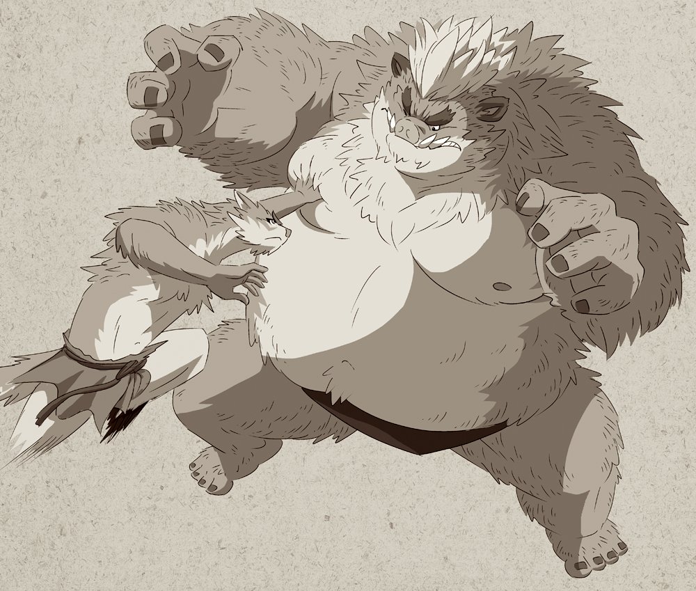 2015 anthro belly biped canid canine duo gadoran kemono male mammal moobs nipples overweight overweight_male size_difference suid suina sus_(pig) wild_boar