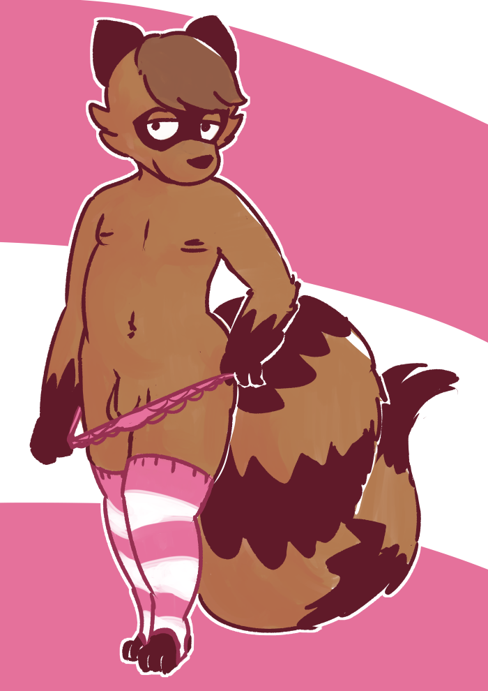 anthro balls brown_body brown_fur brown_hair canid canine clothed clothing flaccid fur genitals hair legwear male mammal markings panties partially_clothed penis pulling_panties_down raccoon_dog simple_background solo standing stockings striped_markings striped_tail stripes stripped_stockings tail_markings tanuki topless topless_anthro topless_male underwear unknown_artist