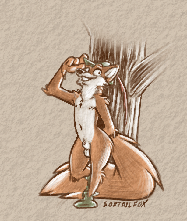 animal_genitalia balls canid canine cap_feather clothing disney fluffy footwear fox fur genitals greeting grin invalid_tag long_tail male mammal navel nipples nude orange_body orange_fur plant red_fox robin_hood sheath sketch smile toony tree