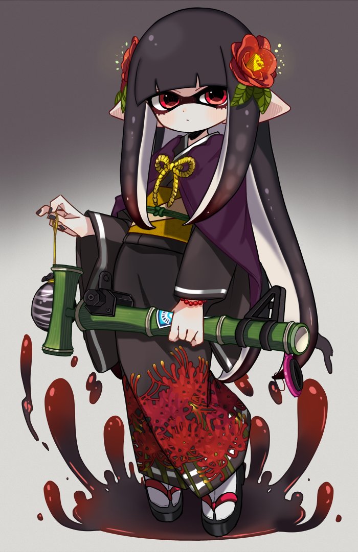 1girl bamboozler_14_(splatoon) bangs black_footwear black_hair black_kimono blunt_bangs burst_bomb_(splatoon) cape closed_mouth floral_print flower full_body gradient gradient_background grey_background hair_flower hair_ornament holding holding_weapon inkling japanese_clothes kimono long_hair long_sleeves looking_at_viewer maco_spl obi paint_splatter pointy_ears print_kimono purple_cape red_eyes sandals sash solo splatoon_(series) standing tabi tentacle_hair very_long_hair weapon white_legwear wide_sleeves