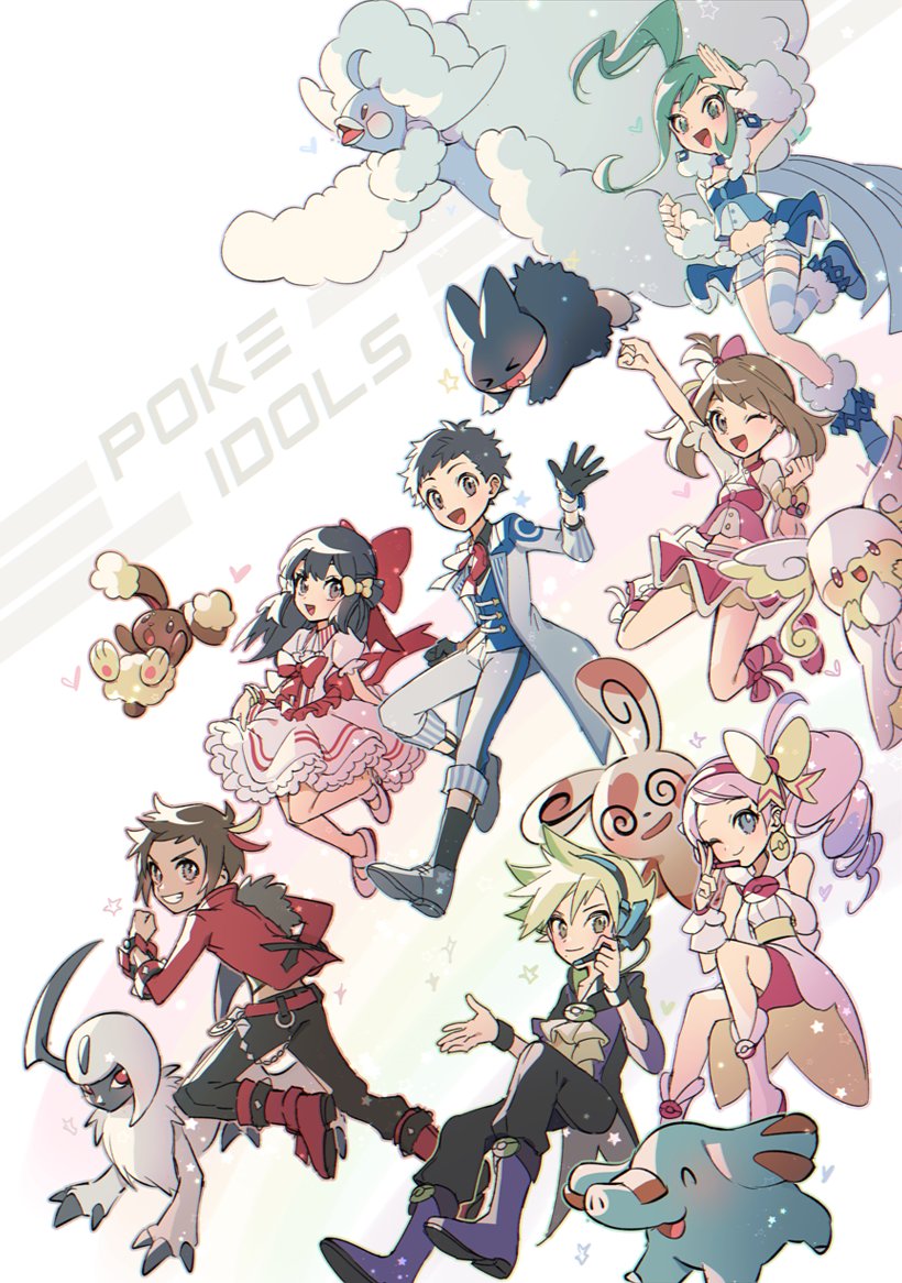 3boys 4girls ;) ;d absol altaria arm_up audino bangs black_hair blue_vest blush boots brendan_(pokemon) brown_hair buneary closed_mouth coat commentary_request curtis_(pokemon) dawn_(pokemon) dress gloves green_hair grin headset heart huan_li jacket leg_up lisia_(pokemon) long_hair looking_at_viewer lucas_(pokemon) may_(pokemon) mega_altaria mega_audino mega_pokemon microphone multiple_boys multiple_girls munchlax one_eye_closed open_clothes open_coat open_mouth pants phanpy pink_dress pink_footwear pink_hair pokemon pokemon_(creature) pokemon_(game) pokemon_bdsp pokemon_bw2 pokemon_oras purple_footwear red_footwear red_jacket short_hair smile spiked_hair spinda star_(symbol) teeth tongue vest white_background yancy_(pokemon)