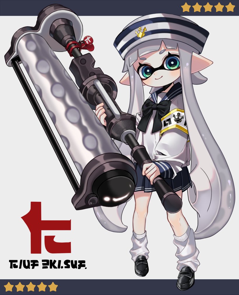 1girl anchor_symbol armband bangs black_bow black_bowtie black_footwear blouse blue_headwear blue_skirt blunt_bangs bow bowtie closed_mouth dixie_cup_hat double_horizontal_stripe dynamo_roller_(splatoon) earrings full_body green_eyes grey_background grey_hair hat head_tilt holding holding_weapon inkling inkling_(language) jewelry loafers logo long_hair long_sleeves looking_at_viewer loose_socks maco_spl military_hat miniskirt pleated_skirt pointy_ears print_skirt school_uniform serafuku shoes skirt smile solo splatoon_(series) splatoon_2 standing tentacle_hair very_long_hair weapon white_blouse white_legwear