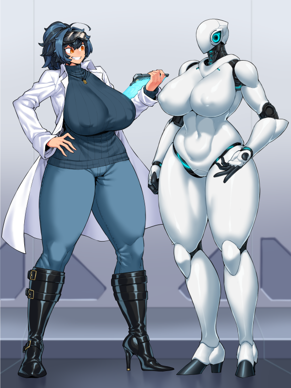2girls ahoge android black_footwear blue_hair boots breasts collared_jacket commentary_request covered_nipples eyewear_on_head faceless full_body goggles goggles_on_head grin hand_on_hip high_heel_boots high_heels huge_breasts jacket jewelry labcoat long_hair long_sleeves multicolored_hair multiple_girls necklace open_clothes open_jacket orange_eyes original pants robot smile spacezin standing sweater teeth two-tone_hair