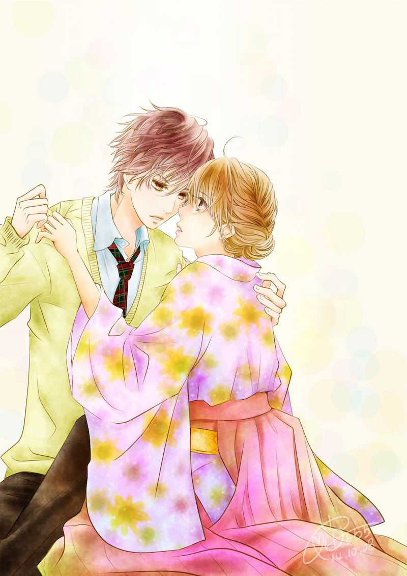 1boy 1girl artist_name ayase_chihaya brown_eyes brown_hair chihayafuru dated eye_contact floral_print hakama hand_on_another's_arm hetero imminent_hug japanese_clothes long_sleeves looking_at_another mashima_taichi miaow888 necktie pink_hakama plaid_necktie simple_background sweater wide_sleeves