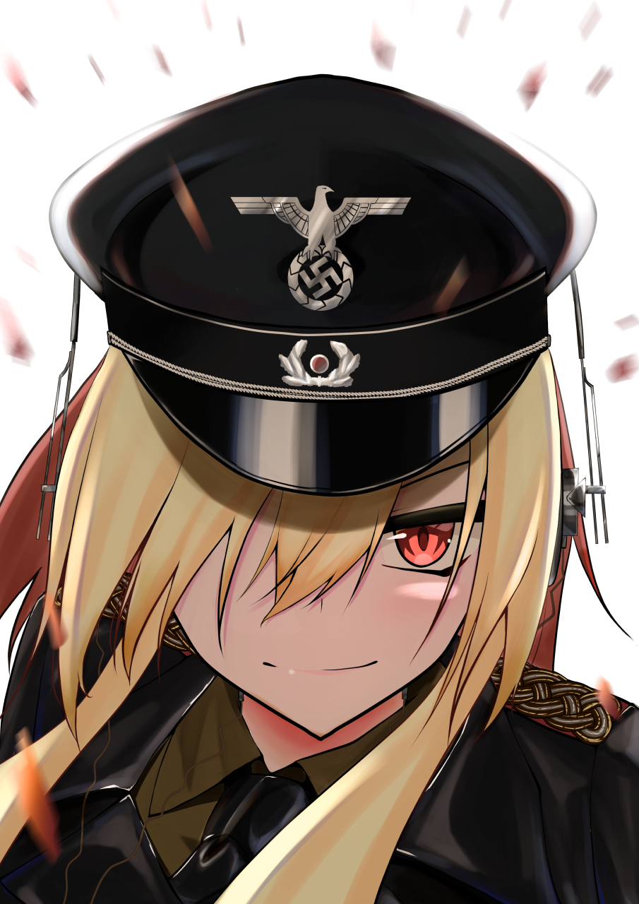 black_cravat black_tie blonde_hair clip_studio_paint_(medium) cross hat headphones highres iron_cross jiseki_rena long_hair military military_hat military_uniform original peaked_cap red_eyes schutzstaffel uniform wehrmacht