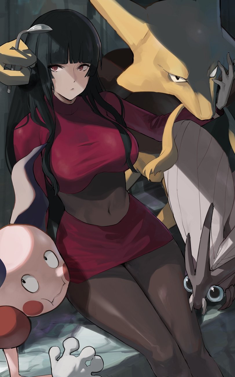 1girl alakazam bangs bent_spoon black_hair blunt_bangs bodysuit breasts commentary covered_navel cropped_jacket gloves hand_up highres j@ck jacket long_hair long_sleeves looking_at_viewer mr._mime pokemon pokemon_(creature) pokemon_(game) pokemon_frlg red_jacket red_skirt sabrina_(pokemon) sidelocks sitting skirt spoon turtleneck turtleneck_jacket white_gloves