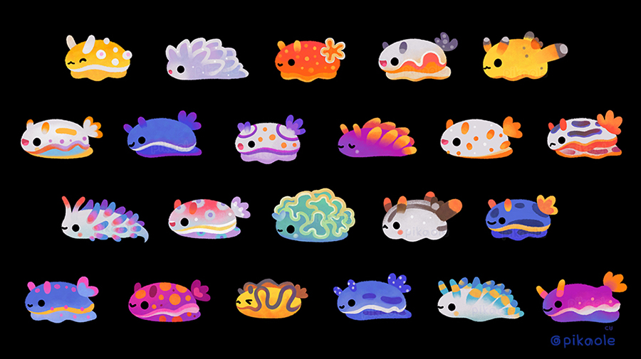 &gt;_&lt; ._. animal animal_focus artist_name black_background black_eyes closed_eyes closed_mouth frown no_humans open_mouth original pikaole sea_slug simple_background smile spots