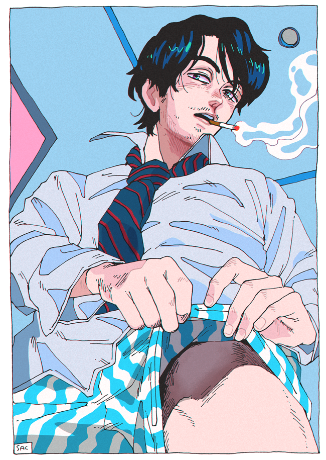 1boy bangs blue_eyes blue_hair boxers cigarette collared_shirt facial_hair from_below indoors kaneoya_sachiko lips looking_at_viewer male_focus male_underwear male_underwear_pull mouth_hold necktie original parted_bangs parted_lips shirt short_hair smoking solo striped stubble underwear