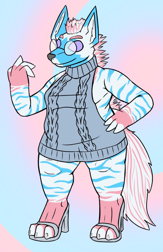 anthro blue_body blue_fur breasts canid canine claws clothed clothing digital_media_(artwork) eyewear fur glasses hair herm_(lore) high_heels hyaenid impish_hyena_(character) impishhyena mammal meme meme_clothing multicolored_body multicolored_fur pink_body pink_fur purple_eyes simple_background solo spotted_hyena standing sweater topwear two_tone_tail virgin_killer_sweater white_body white_fur