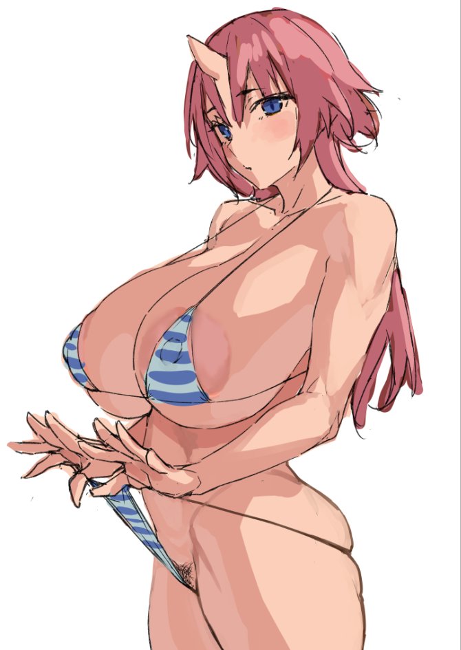 1girl areola_slip areolae ass bikini bikini_pull blue_eyes breasts clothes_pull horns huge_breasts large_areolae long_hair obmas_(pfeito) oni_horns original pink_hair pubic_hair sideboob single_horn sketch skindentation solo striped striped_bikini swimsuit