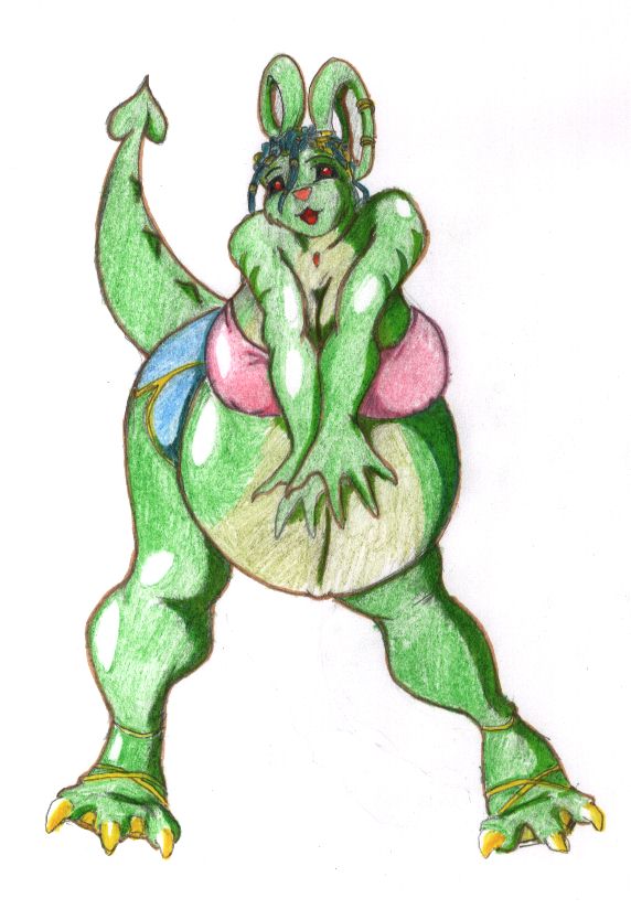 2006 anthro belly big_belly big_breasts black_sclera blue_hair bottomwear breasts clothed clothing danellz dragon female footwear green_body hair huge_breasts hybrid lagomorph leporid mammal navel niko_(nikaro) nipple_outline open_mouth outie_navel pregnant rabbit red_eyes scalie shoes simple_background solo topwear traditional_media_(artwork) white_background