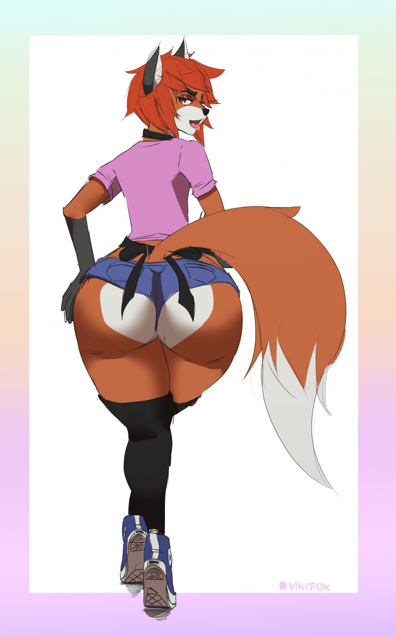 anthro apron black_ears blue_bottomwear blue_clothing blue_shorts bottomwear bow_tie butt canid canine chuck_taylor_all_stars clothing collar converse_shoes fluffy fluffy_tail footwear fox fox_ears fox_tail fur hi_res high_socks hotpants inner_ear_fluff looking_back makeup male mammal orange_body orange_fur orange_tail pink_clothing pink_shirt pink_topwear pose presenting presenting_hindquarters shirt shoes shorts sneakers solo t-shirt tongue tongue_out topwear tuft vikifox white_body white_fur white_tail_tip