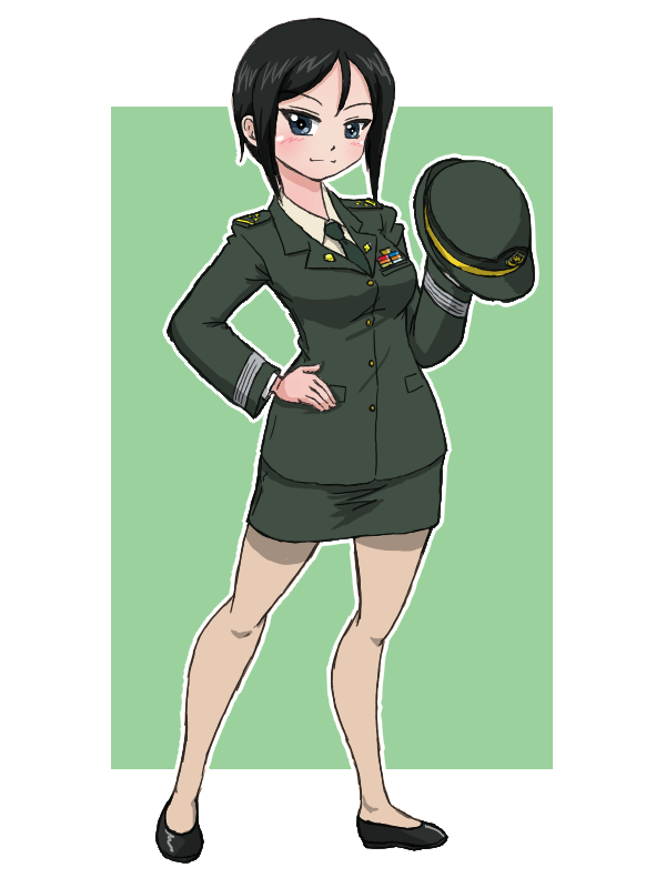 1girl bangs black_eyes black_footwear black_hair black_neckwear chouno_ami closed_mouth commentary_request dress_shirt english_commentary female_service_cap flats full_body girls_und_panzer green_background green_jacket green_skirt hand_on_hip hat hat_removed headwear_removed holding holding_clothes holding_hat jacket japan_ground_self-defense_force japan_self-defense_force long_sleeves looking_at_viewer military military_hat military_uniform miniskirt mixed-language_commentary necktie outline outside_border pantyhose pencil_skirt sheer_legwear shirt shoes short_hair skirt smile solo standing swept_bangs takahashi_kurage uniform white_outline white_shirt wing_collar