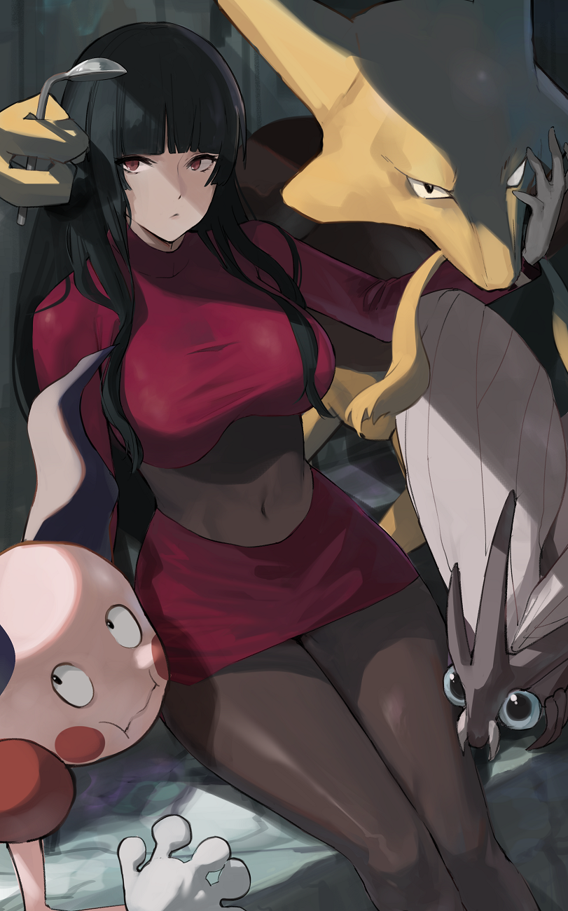 1girl alakazam bangs bent_spoon black_hair blunt_bangs bodysuit breasts commentary covered_navel cropped_jacket gloves hand_up highres j@ck jacket long_hair long_sleeves looking_at_viewer mr._mime pokemon pokemon_(creature) pokemon_(game) pokemon_frlg red_eyes red_jacket red_skirt sabrina_(pokemon) sidelocks sitting skirt spoon turtleneck turtleneck_jacket venomoth white_gloves