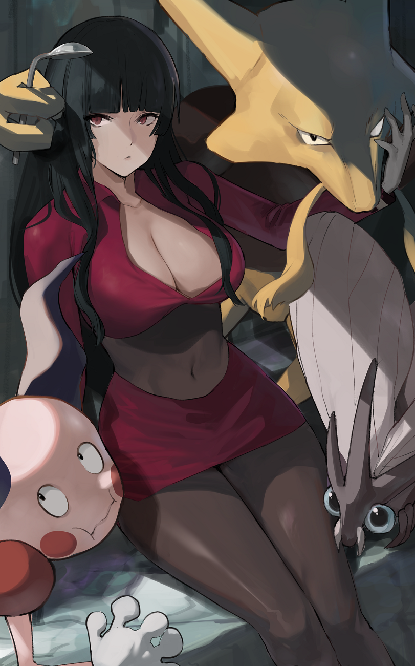 1girl alakazam bangs bent_spoon black_hair blunt_bangs bodysuit breasts cleavage commentary covered_navel cropped_jacket gloves hand_up highres j@ck jacket long_hair long_sleeves looking_at_viewer mr._mime pokemon pokemon_(creature) pokemon_(game) pokemon_frlg red_eyes red_jacket red_skirt sabrina_(pokemon) sidelocks sitting skirt spoon turtleneck turtleneck_jacket venomoth white_gloves