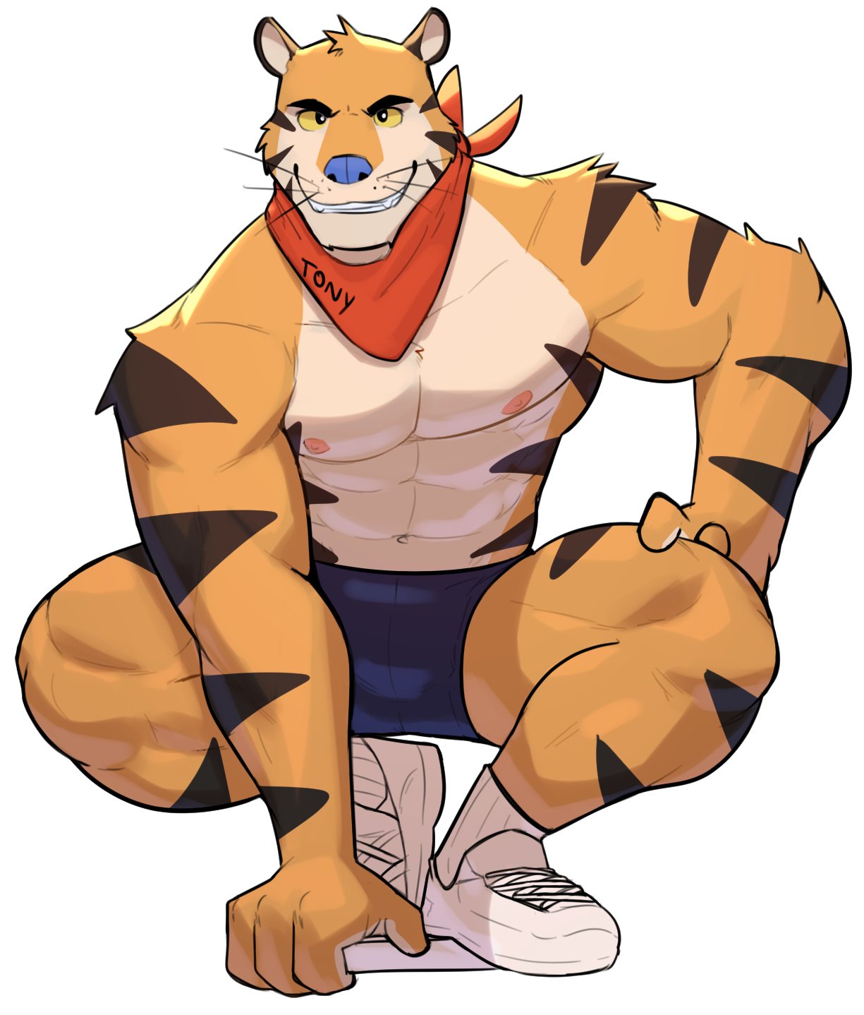 abs anthro bandanna_on_neck clothing felid footwear frosted_flakes fur hi_res jrjresq kellogg's male mammal mascot muscular muscular_male nipples orange_body orange_fur pantherine shirtless shoes simple_background solo striped_body striped_fur stripes tiger tony_the_tiger underwear white_background