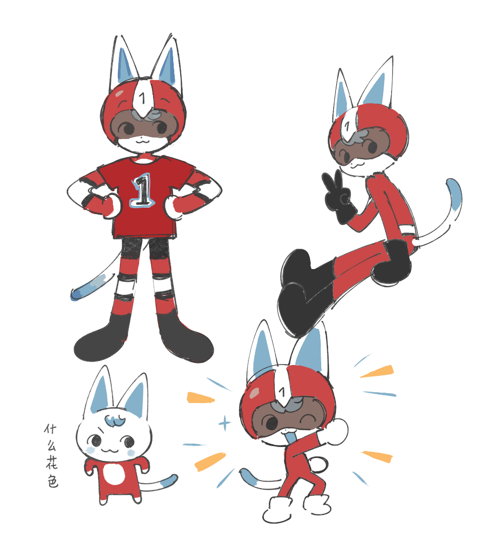 1boy :3 ;3 animal_crossing animal_ears arm_support arm_up bangs bike_shorts black_eyes black_footwear black_gloves blue_hair blush_stickers body_fur bodysuit cat_boy cat_ears cat_tail chibi closed_mouth clothes_writing commentary_request dot_nose ears_through_headwear from_side full_body furry furry_male gloves guu_(hakahonoo) hand_up hands_on_hips happy helmet invisible_chair kid_cat_(animal_crossing) knee_pads layered_sleeves legs_apart long_sleeves looking_at_viewer looking_to_the_side male_focus motorcycle_helmet multiple_views no_headwear no_helmet no_pupils official_style one_eye_closed open_mouth raised_fist red_bodysuit red_headwear red_shirt shirt short_sleeves simple_background sitting sketch spandex sparkle standing straight-on sunburst t-shirt tail tail_raised translation_request v v-shaped_eyebrows white_background white_footwear white_fur