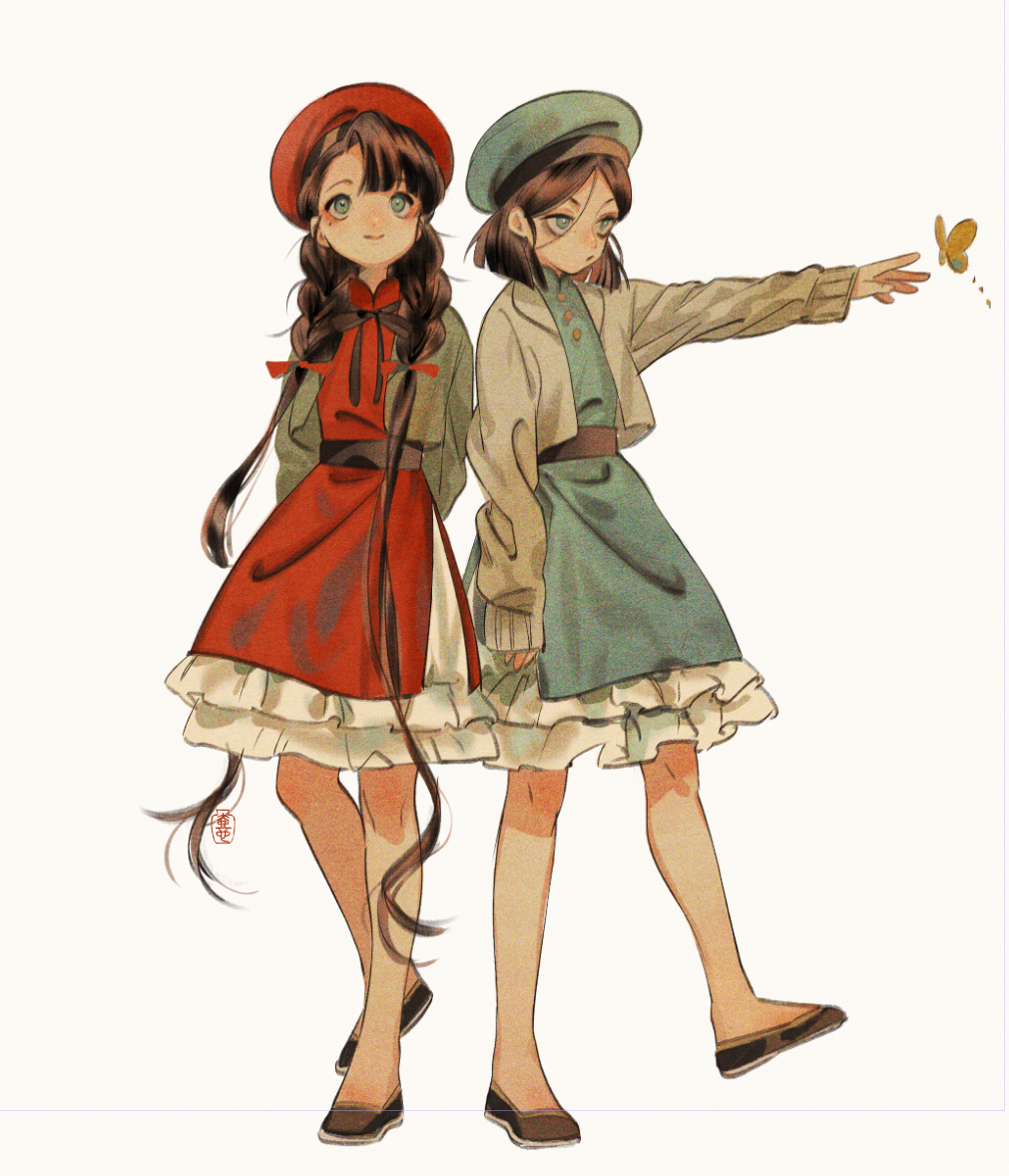 2girls blue_dress blue_eyes blue_headwear braid brown_footwear brown_hair buttons cardigan closed_mouth commentary_request dress full_body green_cardigan grey_cardigan long_hair long_sleeves medium_hair mole mole_under_eye multiple_girls original outstretched_arm p-suke petticoat red_dress red_headwear simple_background slippers smile standing standing_on_one_leg twin_braids white_background