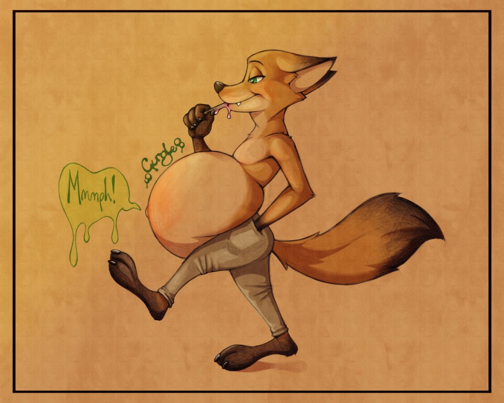 2021 abdominal_bulge anthro barefoot belly big_belly bottomwear canid canine clothing digestion digestion_noises disney feet fox male mammal navel nick_wilde one_leg_up outie_navel pants raised_leg rhysscribbles shirtless shirtless_male side_view smile solo sucking vore walking zootopia