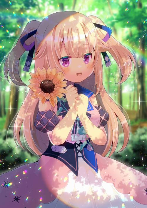 1girl :d bangs black_sleeves blurry blurry_foreground blush breasts commentary_request commission day depth_of_field detached_sleeves dress eyebrows_visible_through_hair flower forest hands_up hoshifuri_iku kou_hiyoyo long_hair looking_at_viewer medium_breasts nature outdoors pink_dress prism_project puffy_short_sleeves puffy_sleeves purple_eyes short_sleeves skeb_commission sleeveless sleeveless_dress smile solo sunflower two_side_up very_long_hair virtual_youtuber yellow_flower