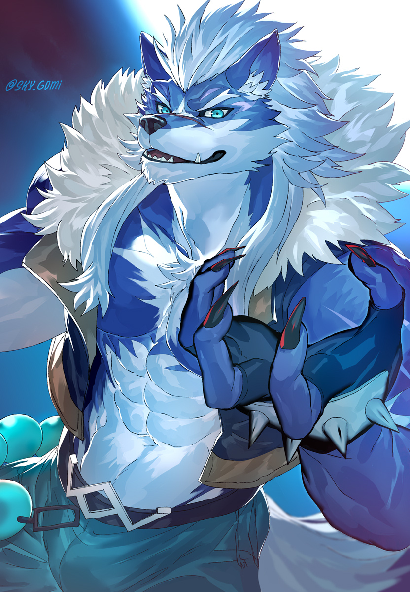 abs bara blue_hair claws furry gauntlets gyee highres male_focus mature_male muscular muscular_male pectorals sky_(sora_no_gomibako) solo werewolf white_hair yang_(gyee)