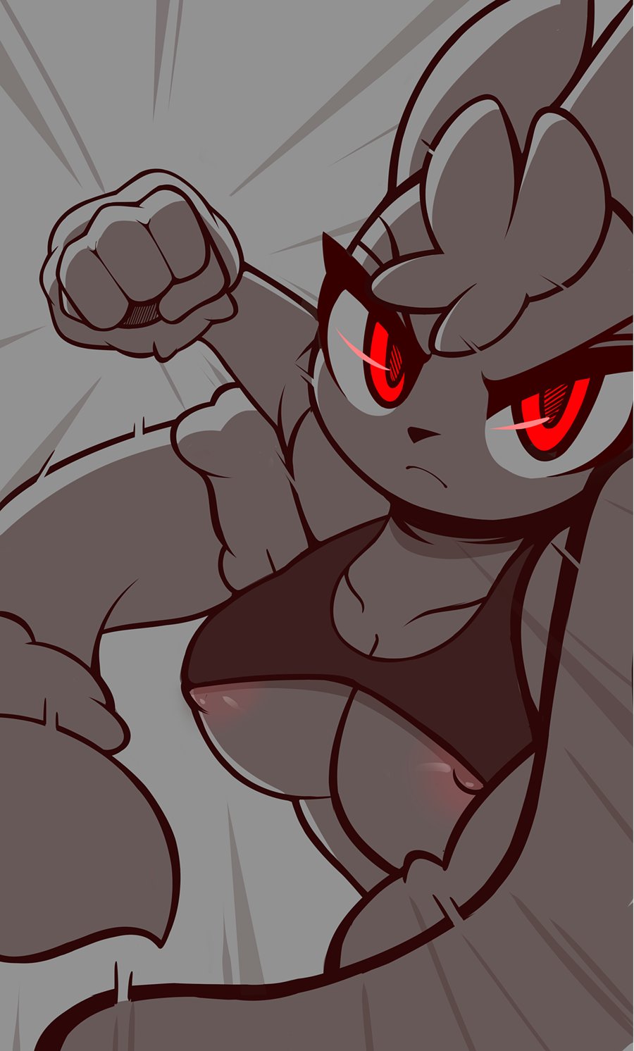 2021 anthro areola areola_slip breasts butt clothing female fighting_pose fist frown genitals hi_res long_ears looking_at_viewer medium_breasts mega_evolution mega_lopunny monochrome motion_lines nintendo nipple_slip pinkcappachino pok&eacute;mon pok&eacute;mon_(species) pose pussy red_eyes shaded simple_background solo under_boob video_games