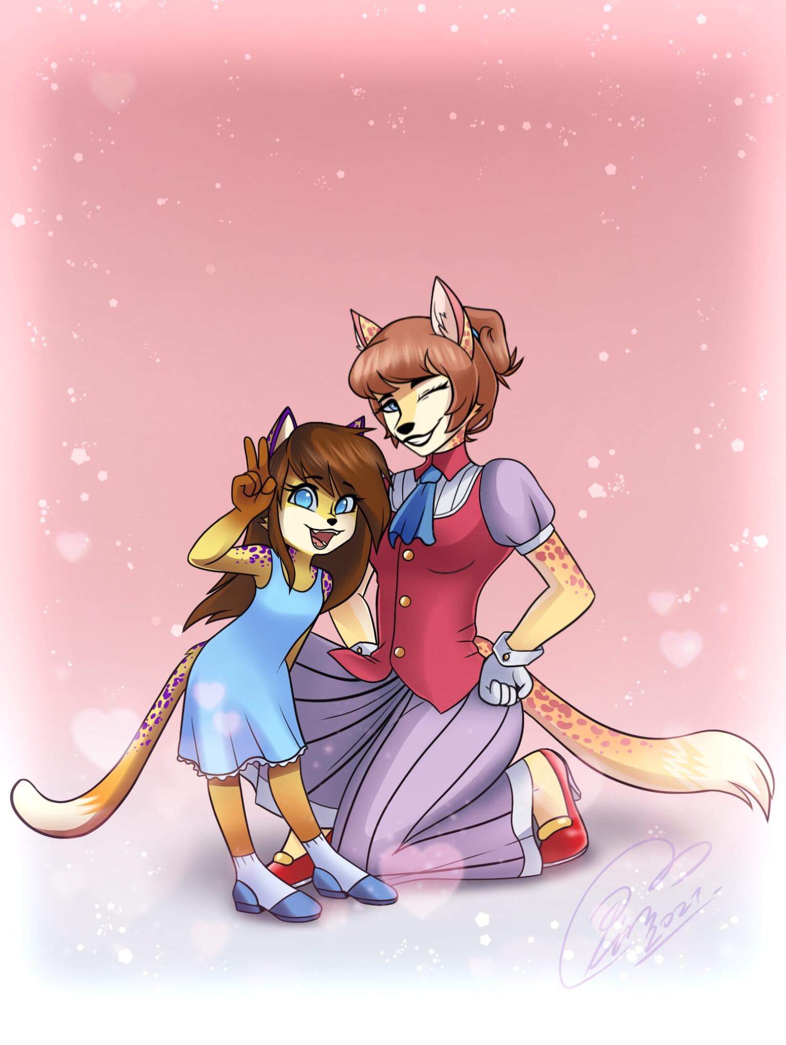 anthro clothed clothing daughter diamond_hellhiem dress duo female female/female footwear fur hi_res hybrid mother mother_and_child mother_and_daughter multicolored_body multicolored_fur parent parent_and_child pimmie pose purple_spots red_spots socks spots sundress