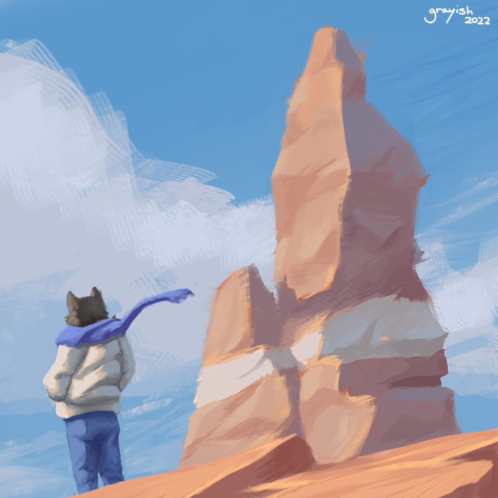 anthro background_sky black_body black_fur blue_scarf blue_sky bottomwear canyon clothing cloud colored denim denim_clothing desert detailed_background digital_drawing_(artwork) digital_media_(artwork) digital_painting_(artwork) domestic_cat felid feline felis fur grayish jacket jeans landscape male mammal pants rock rock_formation scarf signature sky solo solo_focus topwear white_clothing white_jacket white_topwear